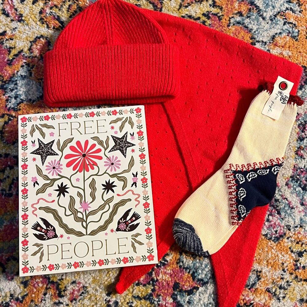 Merry Free People Bundle in Red Beanie Hat, Neckerchief Scarf & Socks Gift Box